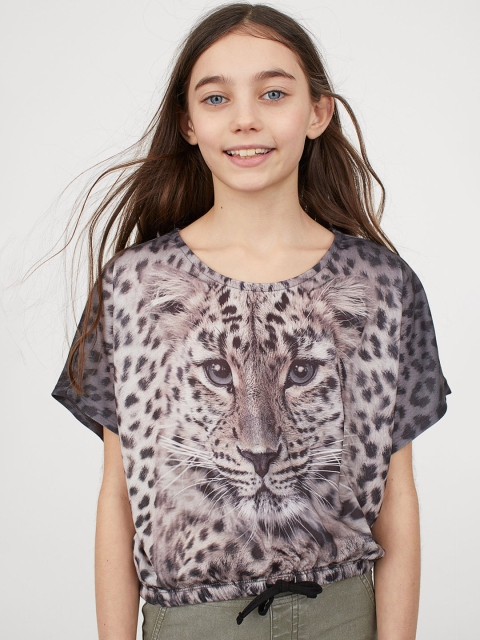 H&M Girls Beige & Black Animal Print Drawstring Jersey Top