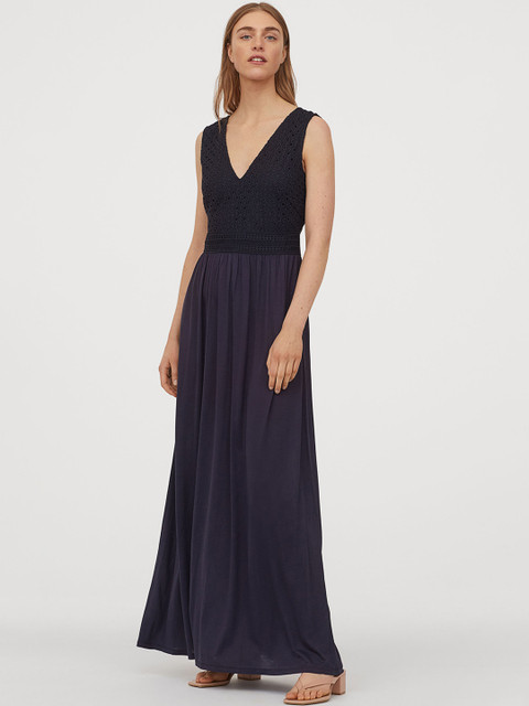 

H&M Women Navy Blue Solid Long Lace-Bodice Dress