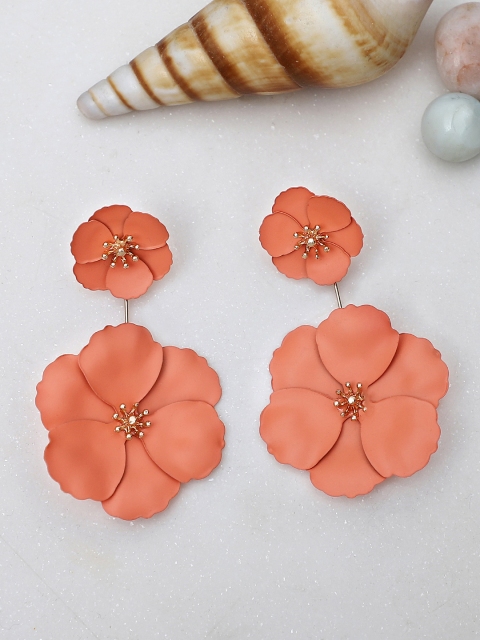 

Crunchy Fashion Rhodium-Plated Orange & Gold-Toned Floral Drop Earrings