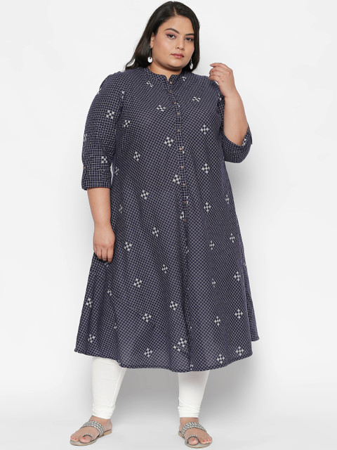 

RANGMANCH PLUS by Pantaloons Women Navy Blue & White Printed A-Line Kurta
