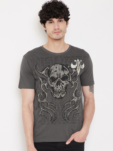 

PUNK Men Charcoal Printed Round Neck T-shirt
