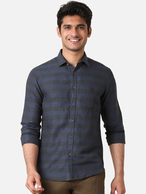 

True Blue Men Navy Blue & Charcoal Grey Slim Fit Striped Casual Shirt