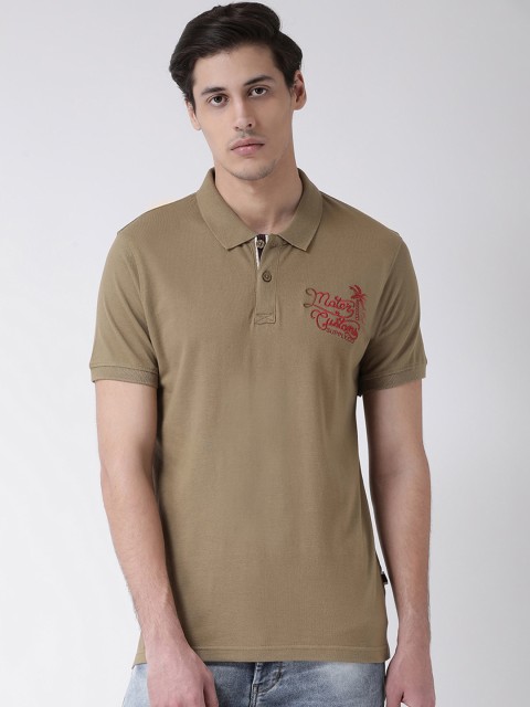 

Club York Men Olive Green Solid Polo Collar T-shirt with Embroidered Deatil