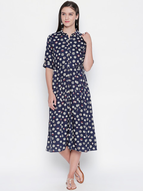 

AKKRITI BY PANTALOONS Women Navy Blue & Off-White Printed A-Line Dress
