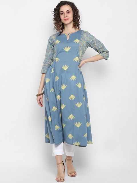 

Janasya Women Blue & Green Printed A-Line Kurta