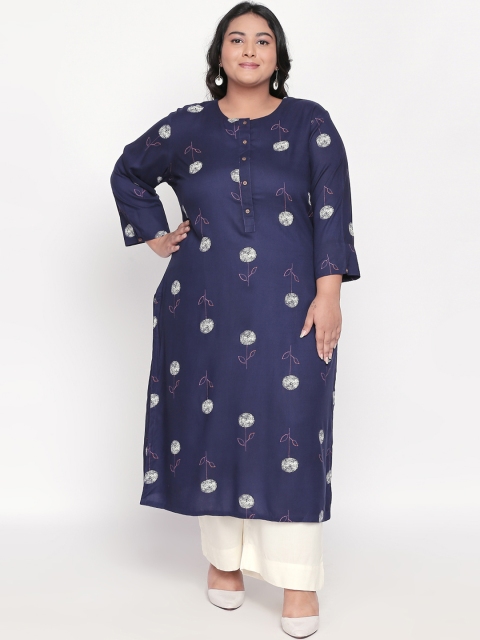 

RANGMANCH PLUS by Pantaloons Women Navy Blue Floral Printed Straight Kurta