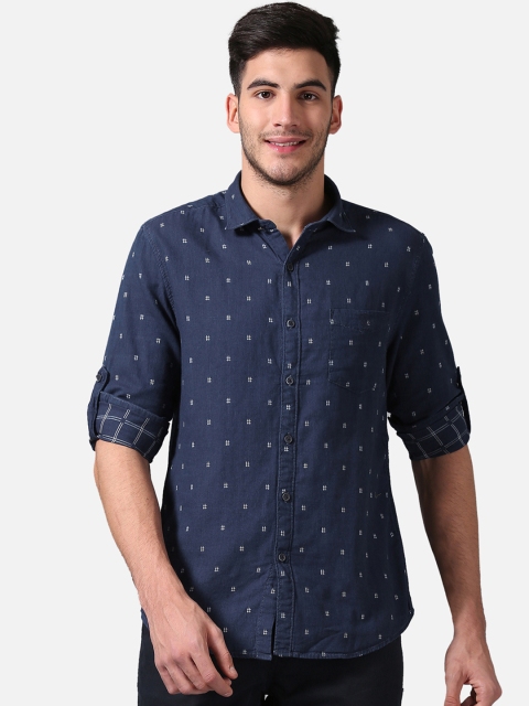 

True Blue Men Navy Blue Slim Fit Printed Casual Shirt