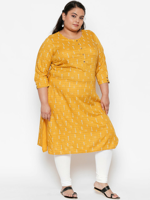 

RANGMANCH PLUS by Pantaloons Women Mustard Yellow & White Checked A-Line Kurta