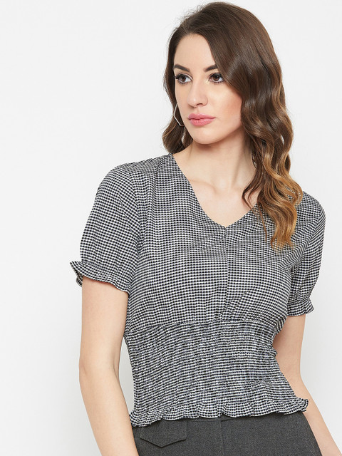 

Carlton London Women Black & White Checked Cinched Waist Top with Smocked Detail
