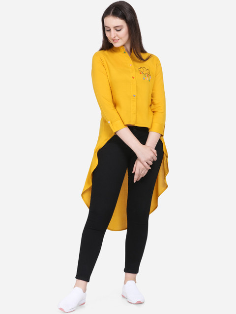 

Yuvraah Women Mustard Yellow Solid High-Low Hem Tunic with Embroidered Detail