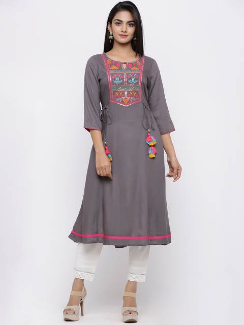 Juniper Women Grey & Fuchsia Embroidered A-Line Kurta