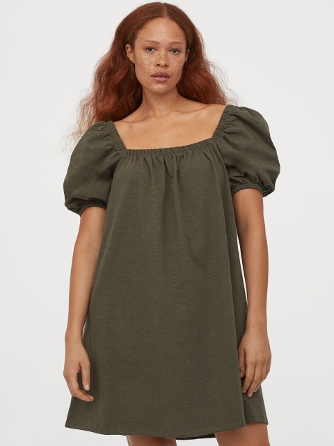 

H&M Women Olive Green Solid Puff-Sleeved A-Line Dress