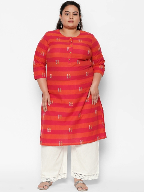 

RANGMANCH PLUS by Pantaloons Women Orange Striped Straight Kurta