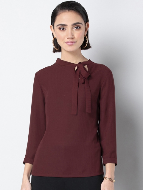 

FabAlley Women Burgundy Striped Regular Top with Tie-Up Neck