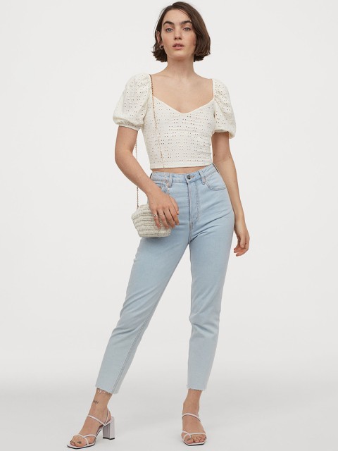 

H&M Women White Puff-Sleeved Jersey Top