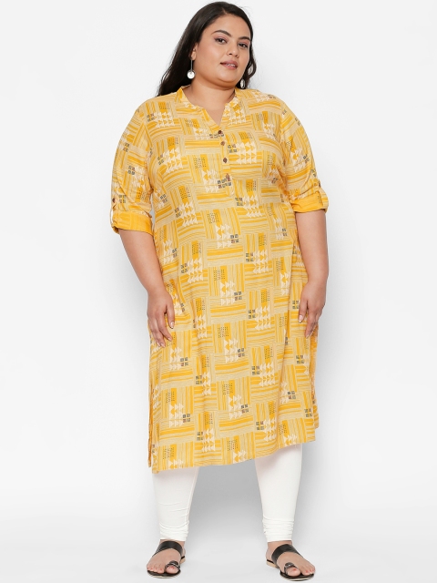 

RANGMANCH PLUS by Pantaloons Women Mustard Yellow & Off-White Printed A-Line Kurta