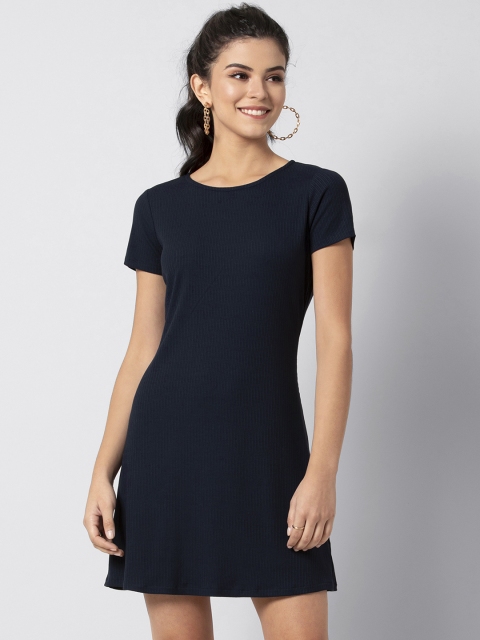 

FabAlley Women Navy Blue Self-Striped A-Line Swing Dress