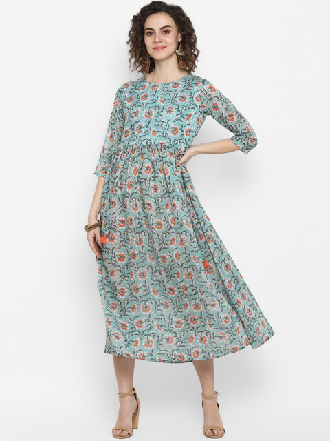 

Janasya Women Sea Green & White Floral Printed Fit and Flare Dress