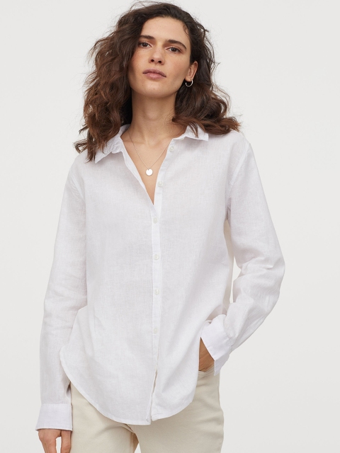 

H&M Women White Linen-Blend Shirt