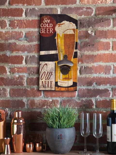 

Art Street Ice Cold Beer Printed Wall Decor with Attached Bottle Opener, Brown