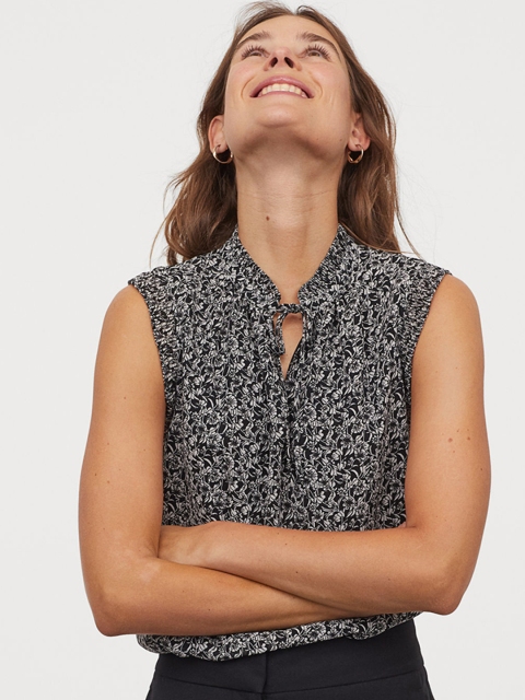 

H&M Women Black & White Pleated-Collar Blouse