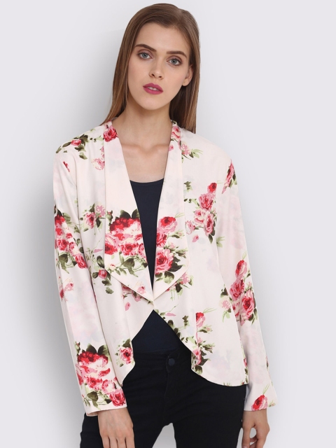 

PURYS Women Off-White & Red Printed Open Front Shrug