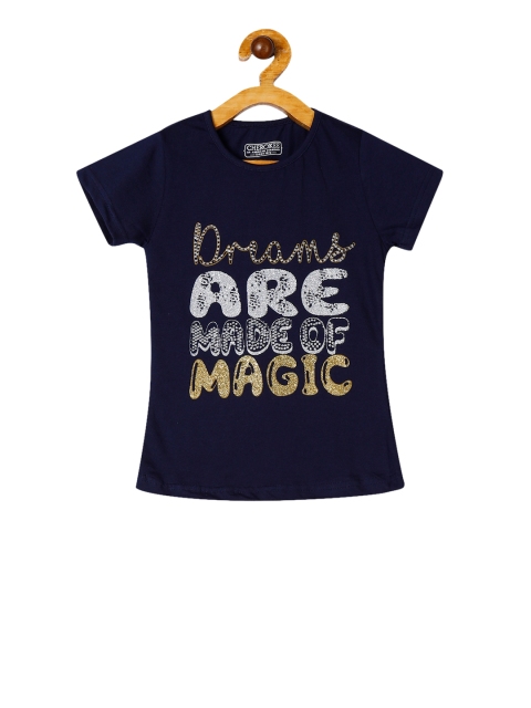 

Cherokee Girls Navy Blue Glitter Printed Round Neck T-shirt