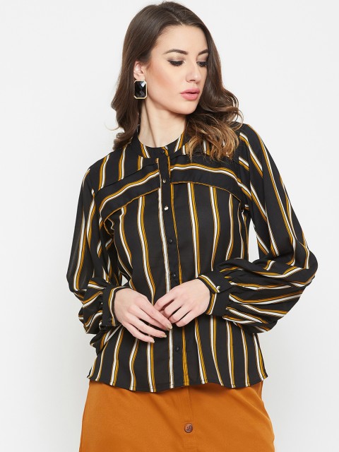 

Carlton London Women Black & Mustard Yellow Regular Fit Striped Casual Shirt