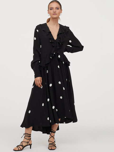 

H&M Women Black & White Polka Dots Printed Flounced Dress