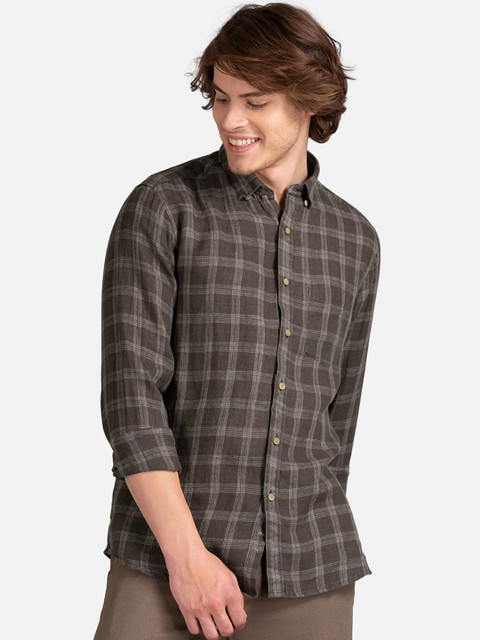 

True Blue Men Olive Brown & Grey Slim Fit Checked Linen Casual Shirt