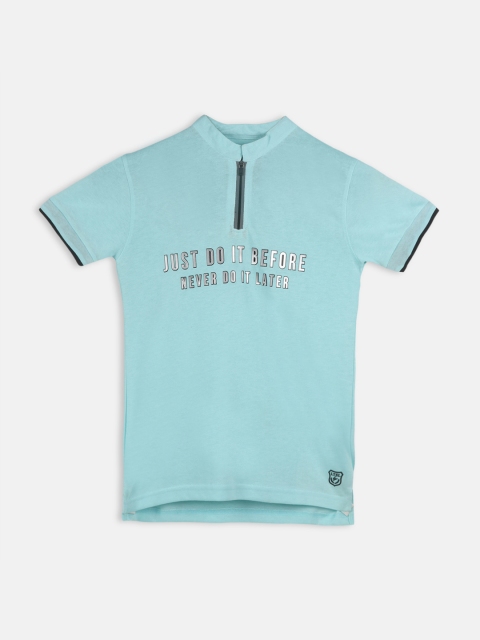 

Lil Tomatoes Boys Blue Grey Printed Mandarin Collar T-shirt