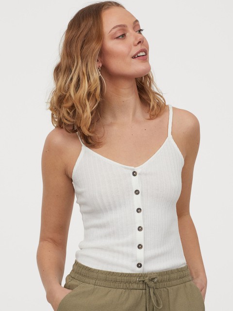 

H&M Women White Ribbed Strappy Top