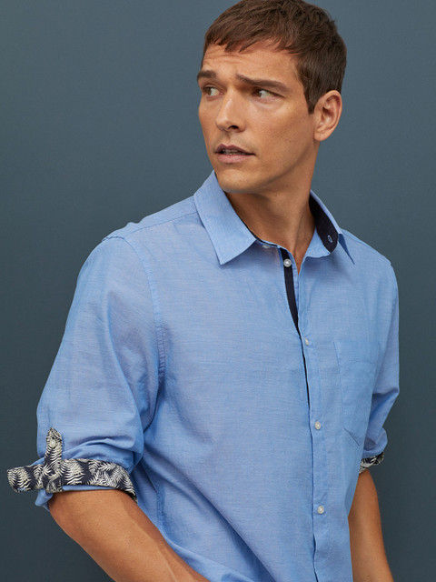 

H&M Men Blue Solid Cotton Shirt Regular Fit