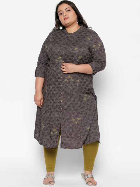 

RANGMANCH PLUS by Pantaloons Women Charcoal Grey & White Printed A-Line Kurta