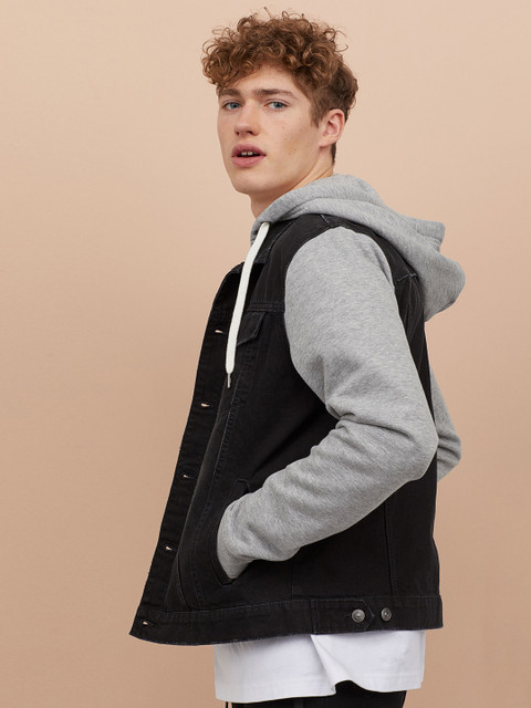 

H&M Men Black Washed Hooded Denim Jacket