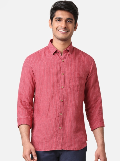 

True Blue Men Red & Beige Slim Fit Striped Casual Linen Shirt