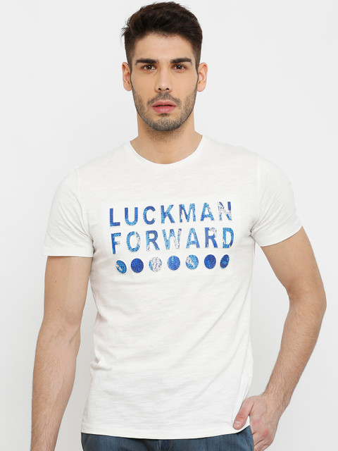 

Rex Straut Jeans Men White & Blue Printed Round Neck T-shirt
