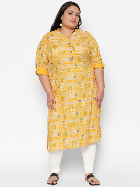 

RANGMANCH PLUS by Pantaloons Women Yellow & Black Printed Straight Kurta