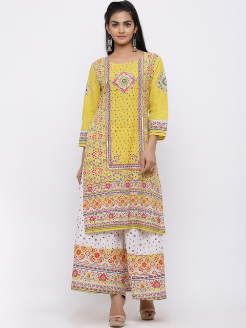 

Juniper Women Mustard Yellow & Pink Printed Straight Kurta