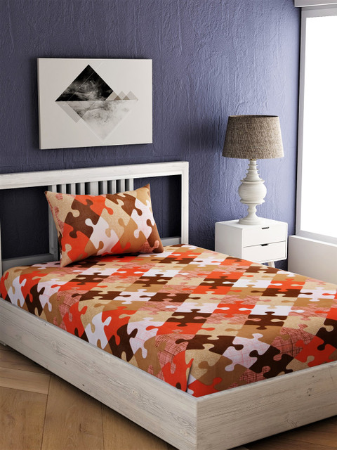

EverHOME Orange & Brown Geometric 144 TC Cotton 1 Single Bedsheet with 1 Pillow Cover