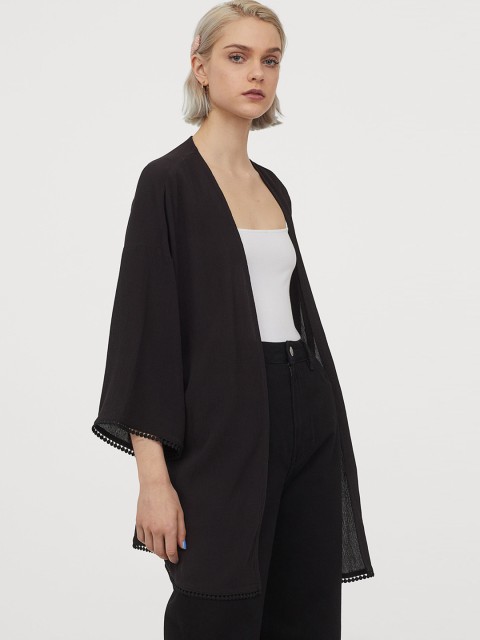 

H&M Women Black Solid Pompom-Trimmed Kimono