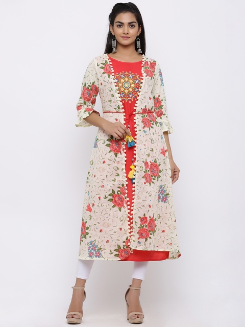 

Juniper Women Off-White & Coral Red Printed A-Line Kurta