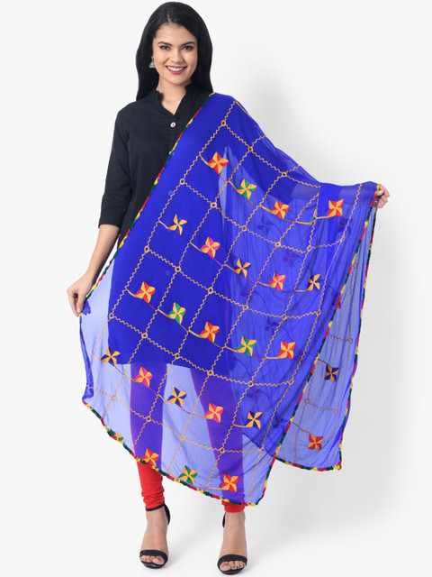 

Vastraa Fusion Blue & Yellow Phulkari Embroidered Pure Cotton Dupatta