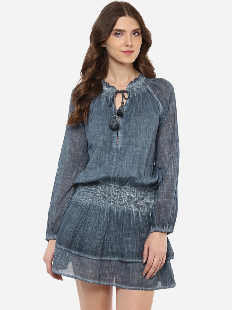 

Porsorte Women Blue Self Design Blouson Dress