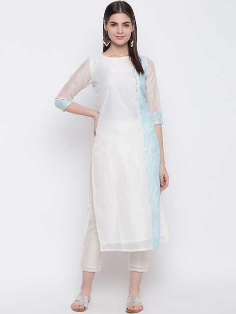 

Shakumbhari Women White & Blue Colourblocked Straight Kurta