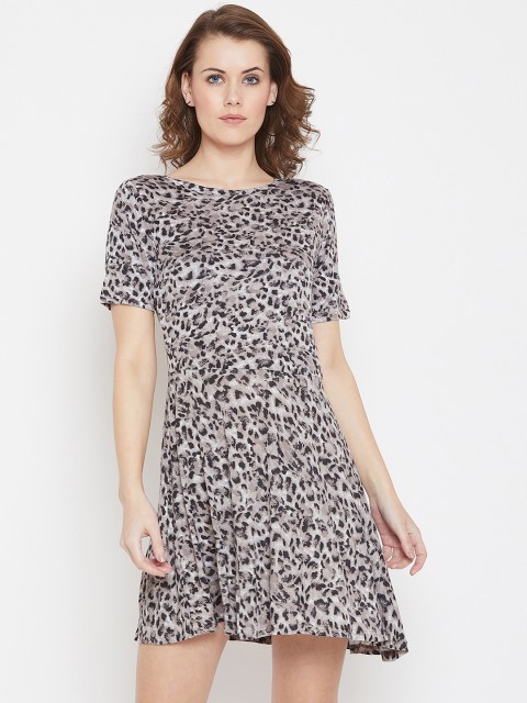 

PURYS Women Grey & Black Animal Skin Printed Fit and Flare Dress
