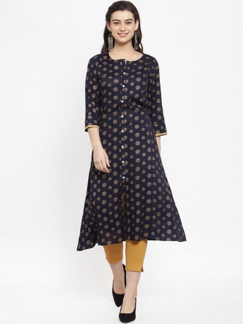 

ANAISA Women Navy Blue & Gold-Toned Printed Straight Kurta
