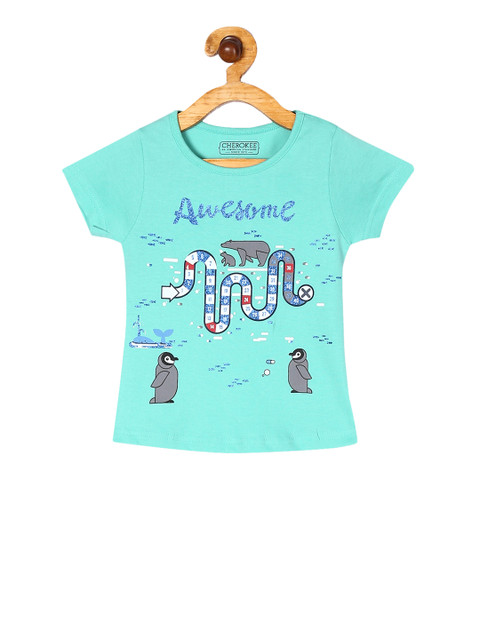 

Cherokee Girls Green & Blue Printed Embellished Round Neck T-shirt