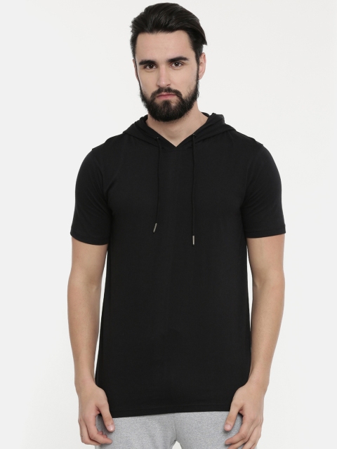 

Bushirt Men Black Solid Hooded Pure Cotton T-shirt