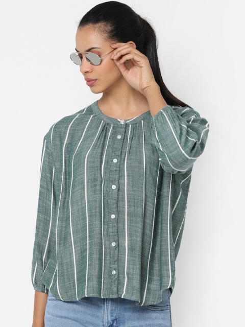 

AMERICAN EAGLE OUTFITTERS Women Green & White Regular Fit Striped Casual Shirt